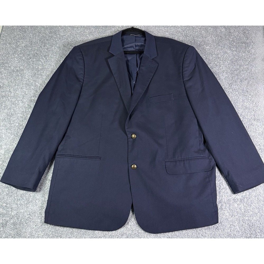 Oak Hill Perfect Fit Sport Coat Blazer Mens 52L Navy Blue Brass Buttons Stretch